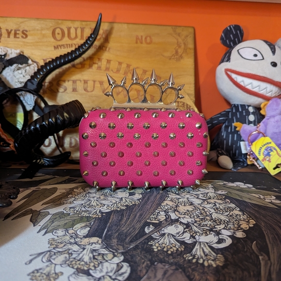 Spiked Hot Pink Evening Clutch with Strap - Picture 7 of 7
